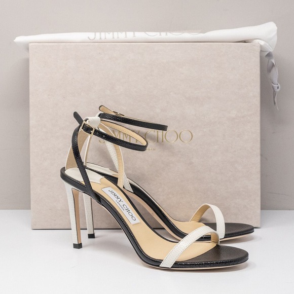 Jimmy Choo Minny 85 Black/White Leather Sandals Size 38 (8 US) - Picture 1 of 8